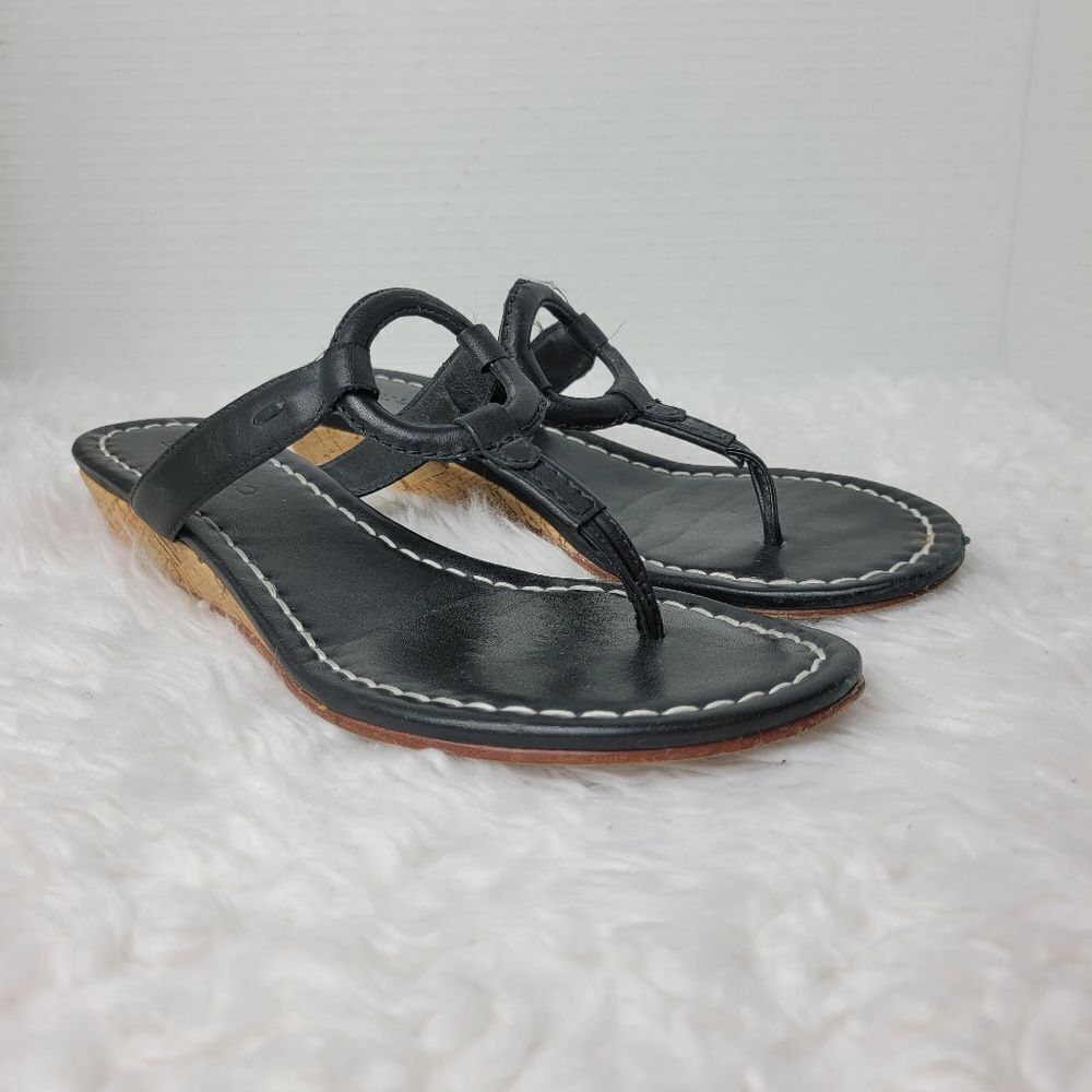 Bernardo Matrix Womens Size 8.5 Mini Wedge  Black Leather Thong Sandals